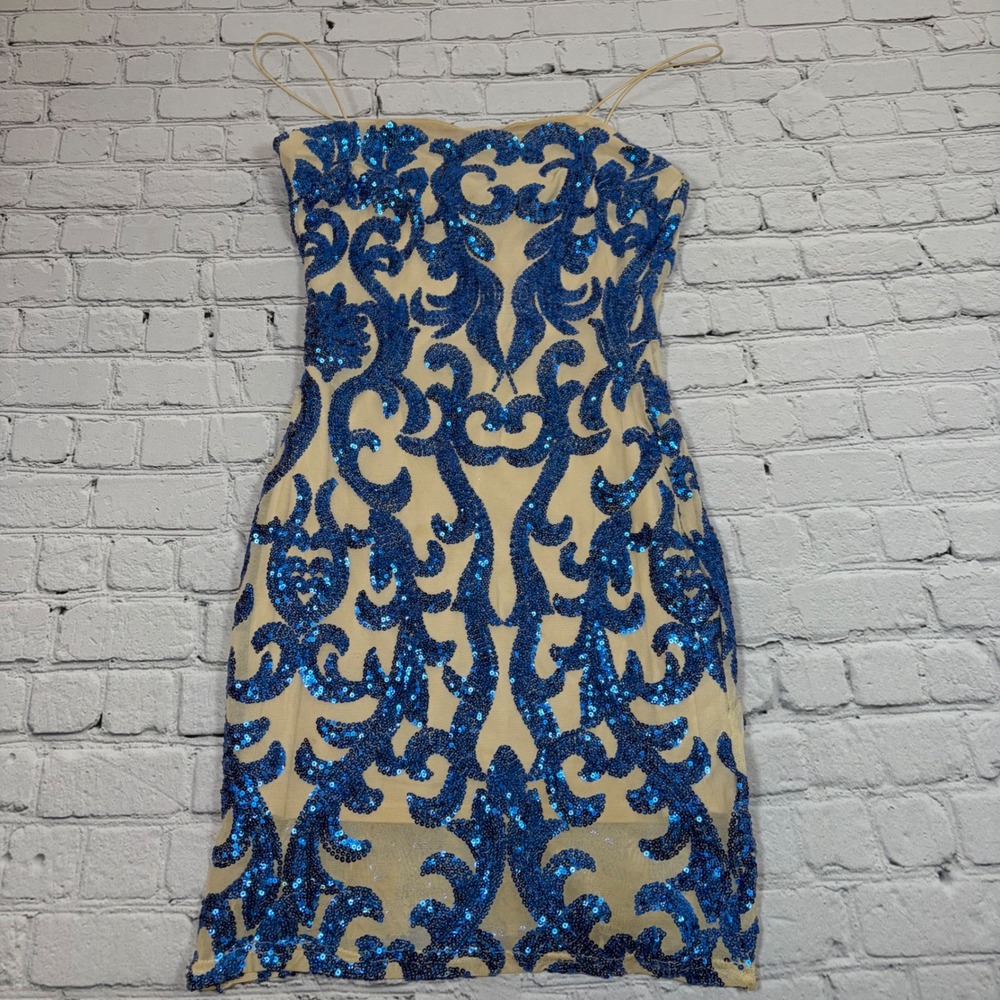 Windsor Blue Sequin Damask Bodycon Mini Dress Nude Mesh Spaghetti Strap Medium